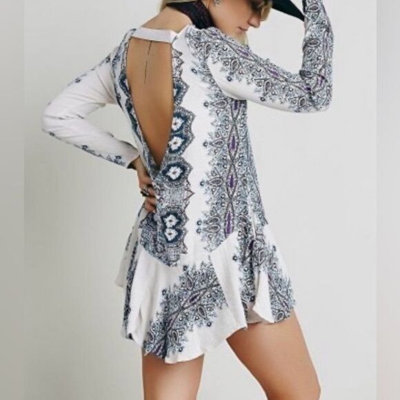 NWOT Free People Boho White & Blue Printed Tunic Mini Dress - Picture 2 of 15